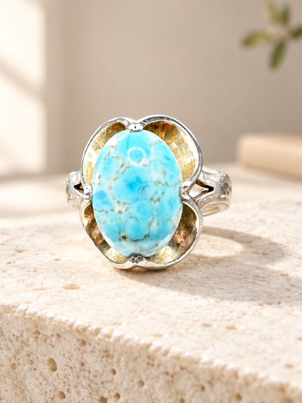 Sterling Silver Turquoise Flower Ring - Blue Stone